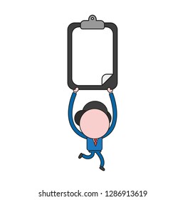 Vector illustration businessman character running and carrying clipboard with blank paper. Color and black outlines.