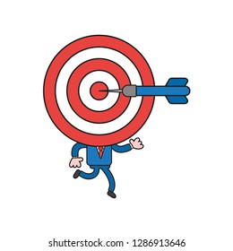 Vector illustration businessman character running with bulls eye head and dart in the center. Color and black outlines.