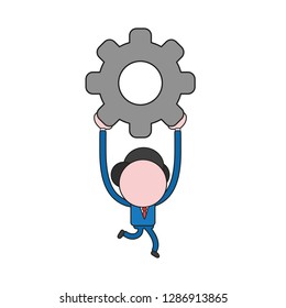 Vector illustration businessman character running and carrying gear icon. Color and black outlines.