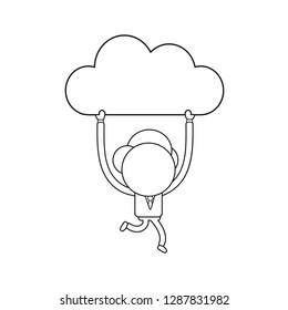 Vector illustration businessman character running and carrying cloud icon. Black outline.