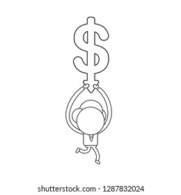 Vector illustration businessman character running and holding dollar symbol with arrow moving down. Black outline.
