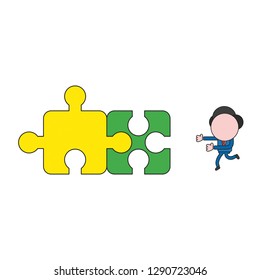 Vector illustration businessman character running to connected two jigsaw puzzle pieces. Color and black outlines.