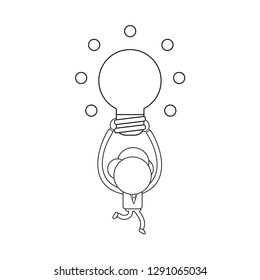 Vector illustration businessman character running and holding up glowing light bulb. Black outline.