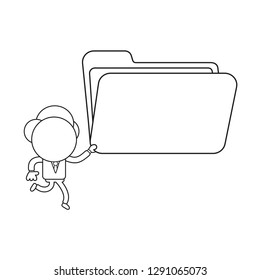 Vector illustration businessman character running and holding open file folder. Black outline.