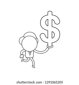 Vector illustration businessman character running and holding dollar symbol. Black outline.