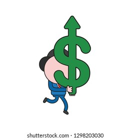 Vector illustration businessman character running and carrying dollar symbol with arrow moving up. Color and black outlines.