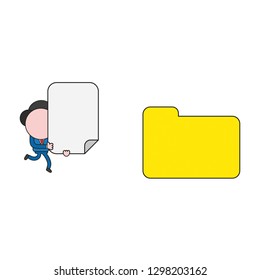 Vector illustration businessman character running and carrying blank paper to closed file folder. Color and black outlines.