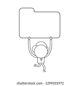 Vector illustration businessman character running and carrying closed file folder. Black outline.