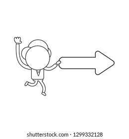 Vector illustration businessman character running and carrying arrow moving right. Black outline.