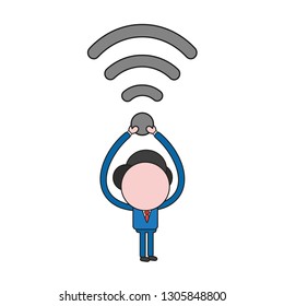 Vector illustration businessman character running and carrying wireless wifi symbol. Color and black outlines.