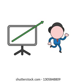 Vector illustration businessman character running with sales chart arrow moving out of chart. Color and black outlines.