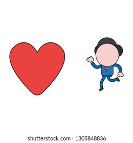 Vector illustration businessman character running to heart. Color and black outlines.