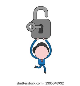 Vector illustration businessman character running and carrying open padlock with key. Color and black outlines.