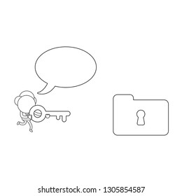Vector illustration businessman character running and carrying key to unlock file folder keyhole with blank speech bubble. Black outline.