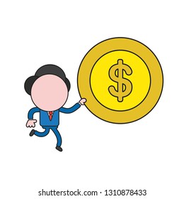 Vector illustration businessman character running and carrying dollar money coin. Color and black outlines.