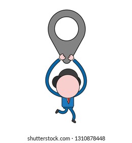 Vector illustration businessman character running and carrying map pointer. Color and black outlines.