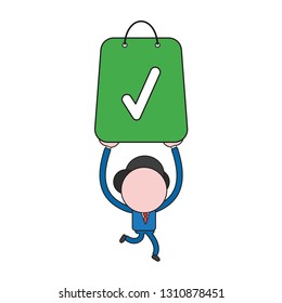 Vector illustration businessman character running and carrying shopping bag with check mark. Color and black outlines.