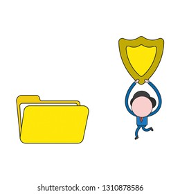 Vector illustration businessman character running and carrying guard shield to open file folder. Color and black outlines.