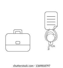 Vector illustration businessman character running and carrying written paper to briefcase. Black outline.