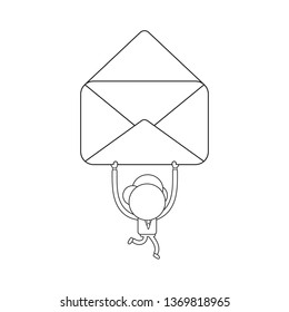 Vector illustration businessman character running and carrying empty open mail envelope. Black outline.