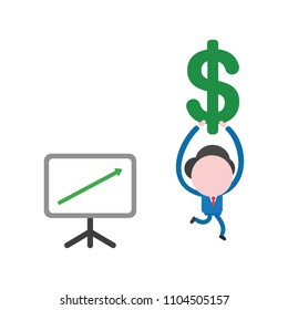 Vector illustration businessman character with sales chart arrow moving up, running and carrying dollar symbol.