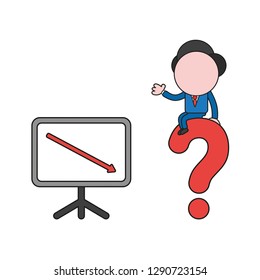 Vector illustration businessman character with sales chart moving down and sitting on question mark. Color and black outlines.