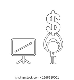 Vector illustration businessman character with sales chart arrow moving up and holding up dollar symbol. Black outline.