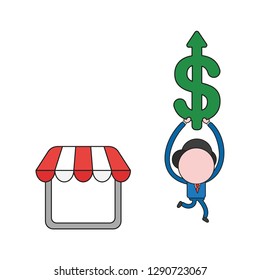 Vector illustration businessman character with shop store and running and carrying dollar arrow moving up. Color and black outlines.