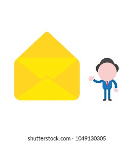Vector illustration of businessman character showing yellow open envelope icon without paper.