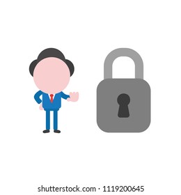 Vector illustration businessman character showing hand stop sign with closed padlock.