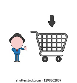 Vector illustration businessman character showing thumbs up with shopping cart. Color and black outlines.