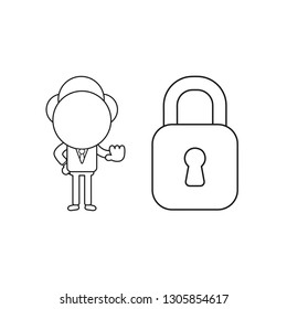 Vector illustration businessman character showing hand stop sign with closed padlock. Black outline.