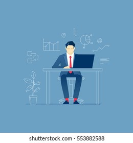 Vector illustration of businessman character sitting and working on computer at the desk at the office. Vector marketing concept for banners, infographics or landing pages of website