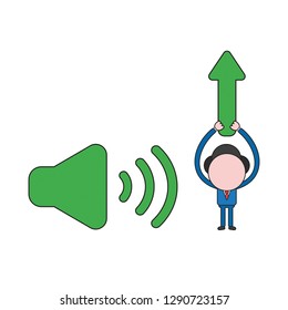 Vector illustration businessman character with sound on icon and holding up arrow moving up. Color and black outlines.