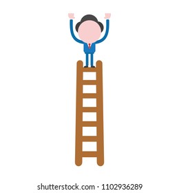 Vector illustration businessman character standing on top of wooden ladder.