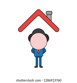 Vector illustration businessman character standing under house roof. Color and black outlines.