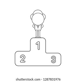 Vector illustration businessman character standing on first place of winners podium. Black outline.