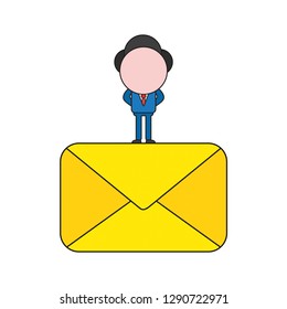 Vector illustration businessman character standing on closed mail envelope. Color and black outlines.