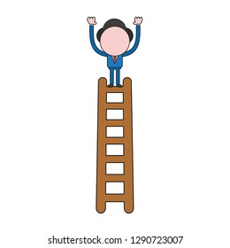 Vector illustration businessman character standing on top of wooden ladder. Color and black outlines.