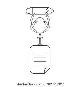 Vector illustration businessman character standing on written paper and holding up pencil. Black outline.