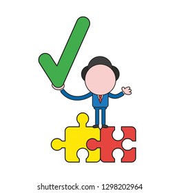 Vector illustration businessman character standing on connected jigsaw puzzle pieces and holding check mark. Color and black outlines.