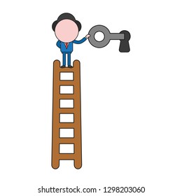 Vector illustration businessman character standing on top of wooden ladder and holding key unlock keyhole. Color and black outlines.