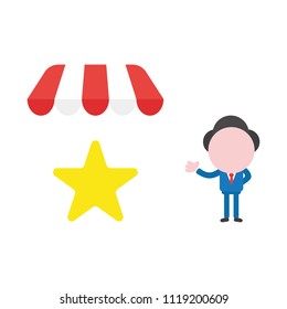 Vector illustration businessman character with star under shop store awning.