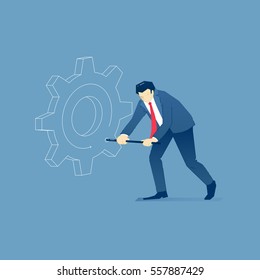 Vector illustration of businessman character in suit twirling a big business gearwheel. Vector concept for banners, infographics or landing pages of website