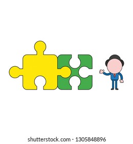 Vector illustration businessman character with two connected jigsaw puzzle pieces. Color and black outlines.