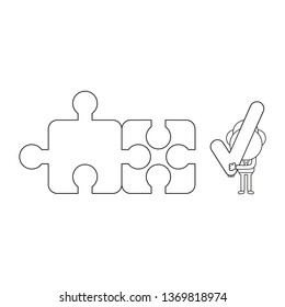 Vector illustration businessman character with two connected jigsaw puzzle pieces and holding check mark. Black outline.