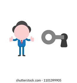 Vector illustration businessman character unlock key and showing thumbs up.