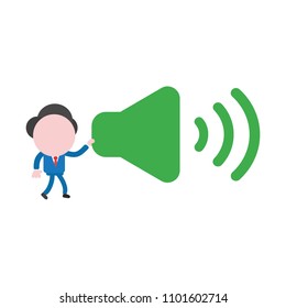 Vector illustration businessman character walking and holding sound on icon.