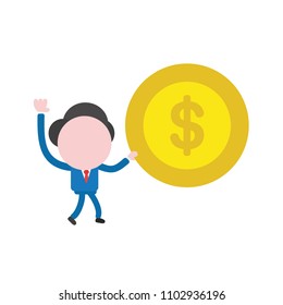 Vector illustration businessman character walking and holding dollar money coin.