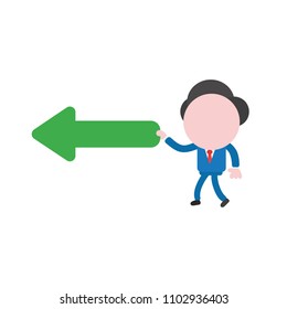 Vector illustration businessman character walking and holding green arrow pointing left.